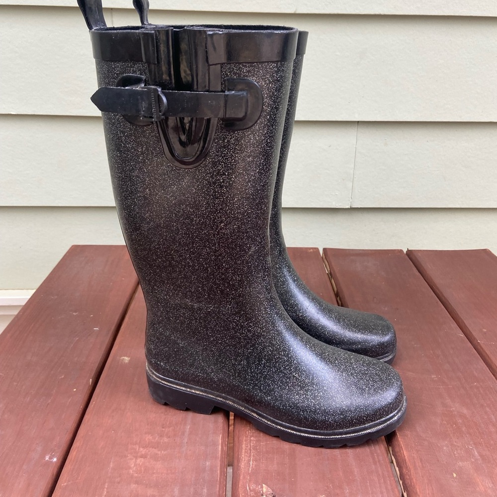 Capelli Black Silver Shimmer Rubber RainBoots Size 7